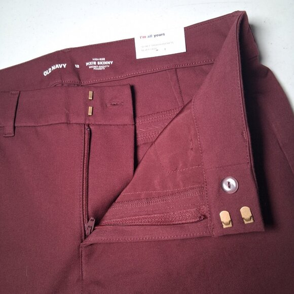 Old Navy Pixie Skinny Pants Women 12 Maroon Stretch Classic Smooth Pockets NEW - Picture 11 of 11